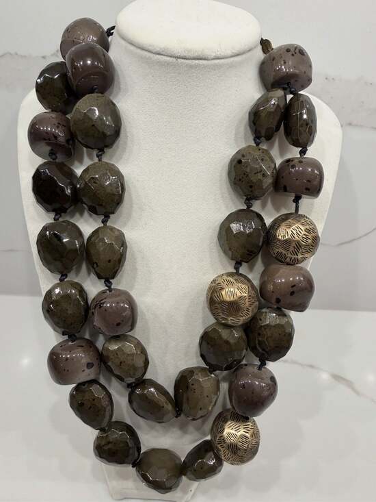 Chico's Jewelry - Chico’s Chunky Double Strand Beaded Statement Necklace Brown Gold Boho